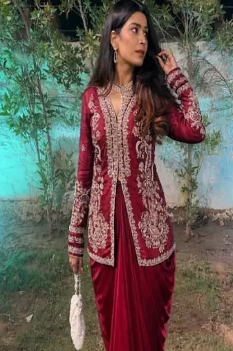 maroon Embroidered Jacket with Draped Skirt