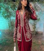 maroon Embroidered Jacket with Draped Skirt