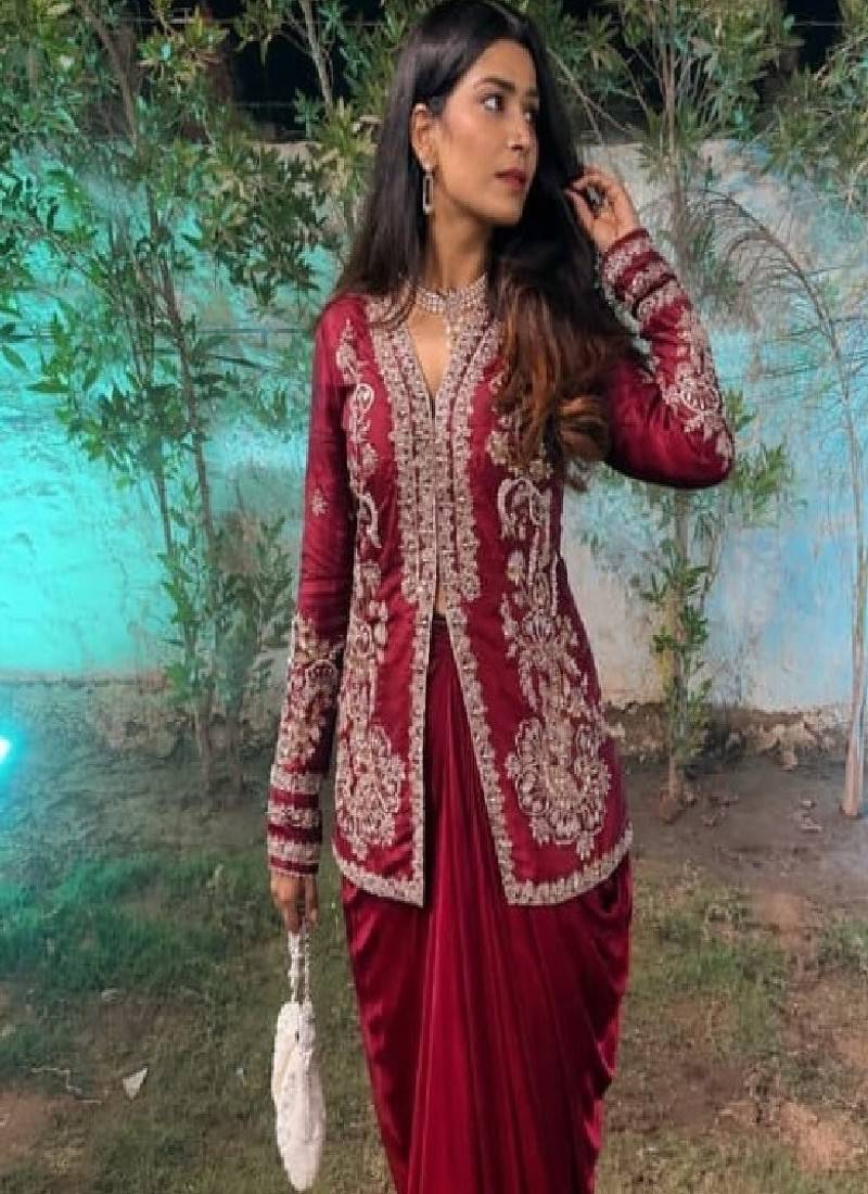 maroon Embroidered Jacket with Draped Skirt