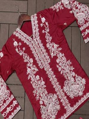 maroon Embroidered Jacket with Draped Skirt 2