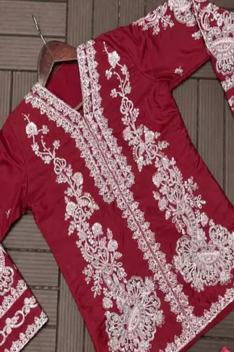 maroon Embroidered Jacket with Draped Skirt