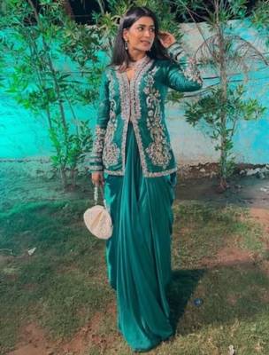 blue Embroidered Jacket with Draped Skirt 1
