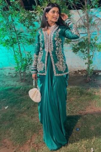 blue Embroidered Jacket with Draped Skirt