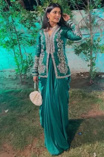 blue Embroidered Jacket with Draped Skirt