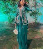 blue Embroidered Jacket with Draped Skirt