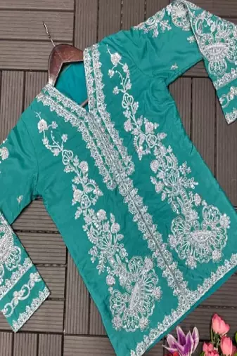 blue Embroidered Jacket with Draped Skirt