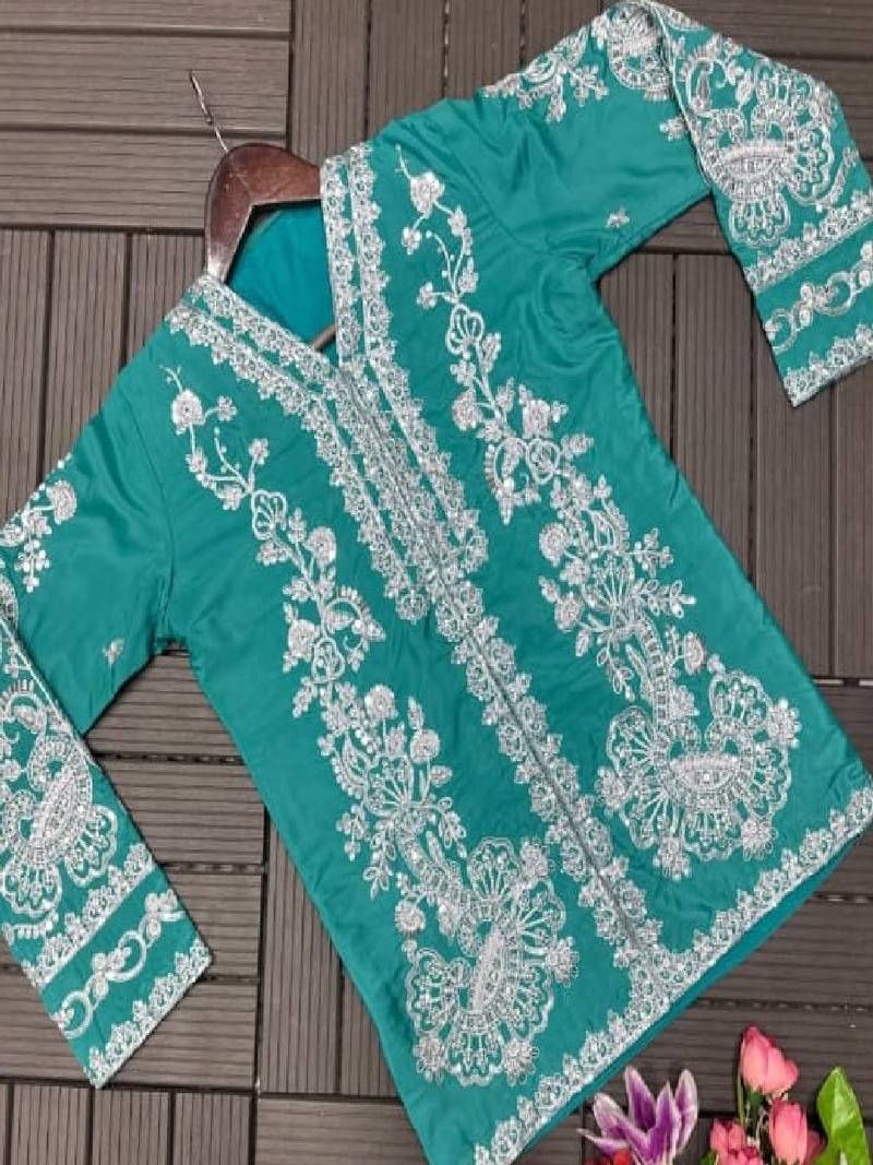 blue Embroidered Jacket with Draped Skirt