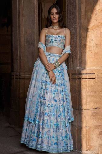 Sky blue Faux Georgette Sequin Embroidered Lehenga Choli.