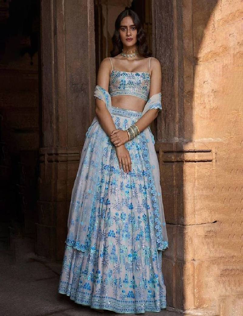 Sky blue Faux Georgette Sequin Embroidered Lehenga Choli.