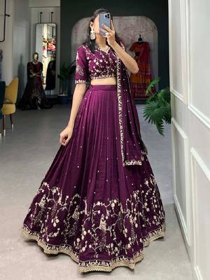 Tantalizing Wine Silk blend  Sequins Embroidered Lehenga Set Choli 1