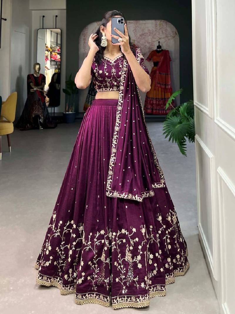 Tantalizing Wine Silk blend  Sequins Embroidered Lehenga Set Choli