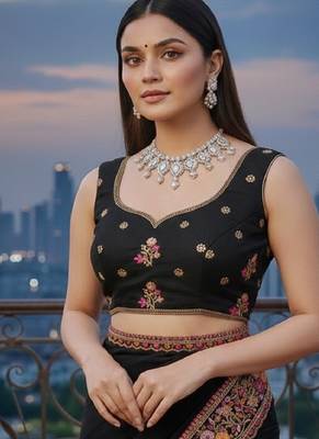 Black Georgette Embroidery With Zarkan Work Saree with Unstitched and Blouse Piece 5