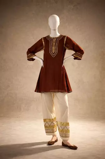 chocolate brown flared kurta with gold palazzo
