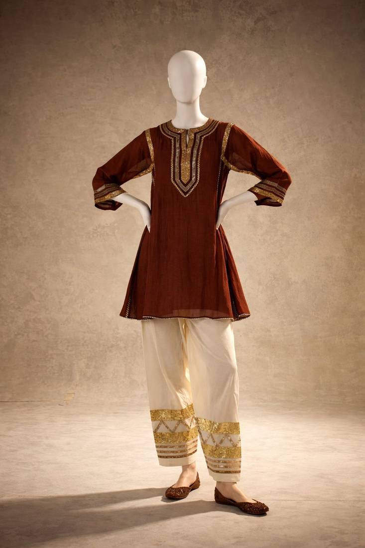 chocolate brown flared kurta with gold palazzo