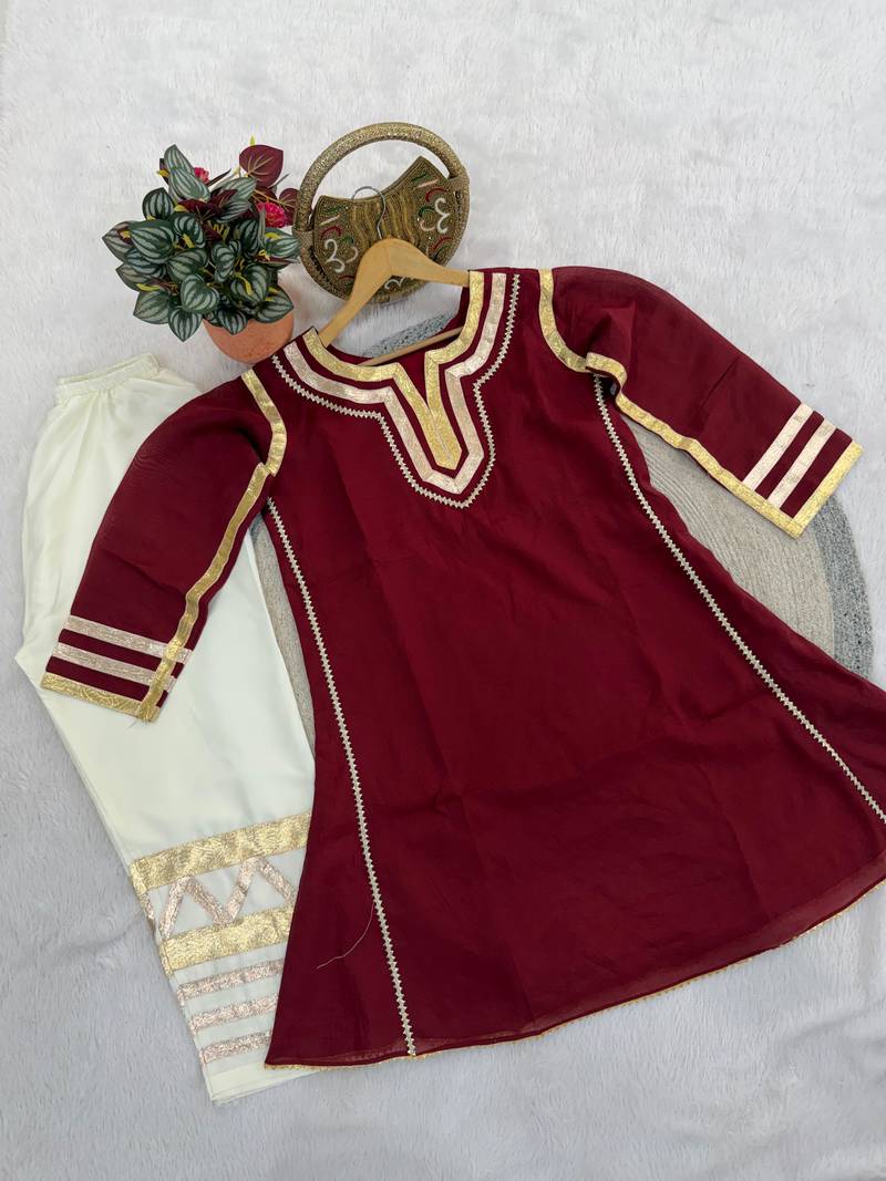 chocolate brown flared kurta with gold palazzo