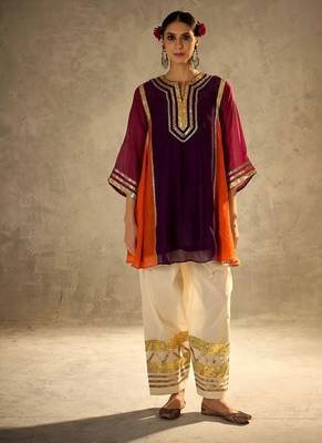 purple & orange flared kurta with gold trim palazzo 3