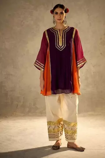 purple & orange flared kurta with gold trim palazzo