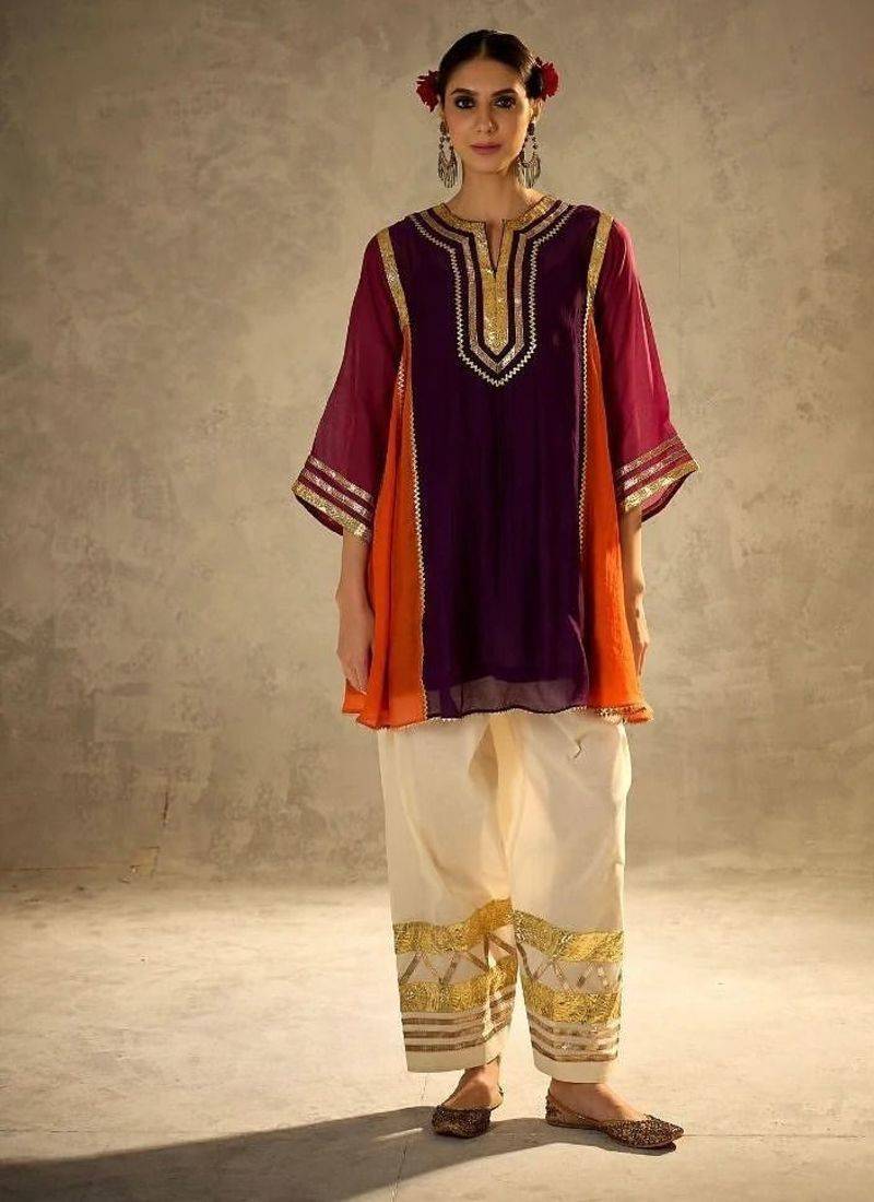 purple & orange flared kurta with gold trim palazzo