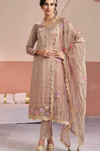 Peach gold silk semi stitched suit with embroidery & zari work