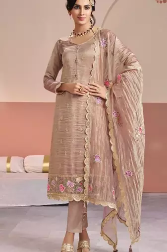 Peach gold silk semi stitched suit with embroidery & zari work