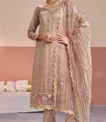Peach gold silk semi stitched suit with embroidery & zari work