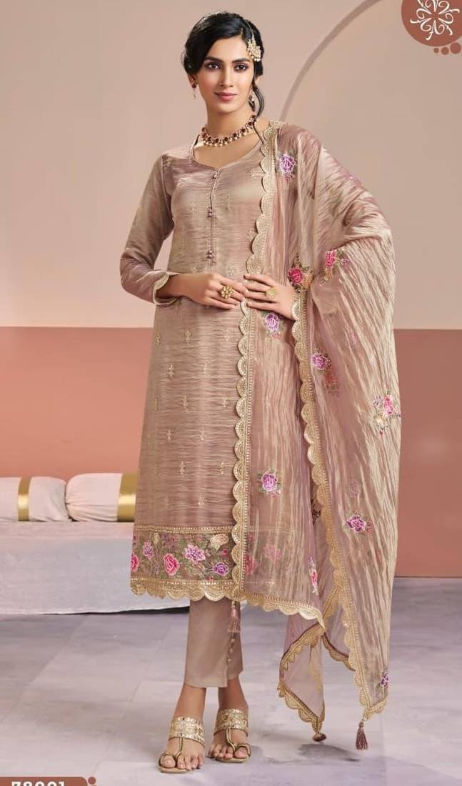 Peach gold silk semi stitched suit with embroidery & zari work
