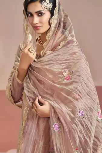 Peach gold silk suit with embroidered zari 