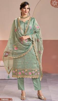 Sea green gold silk suit with embroidered zari  1