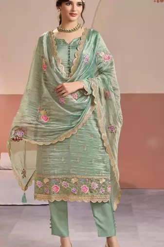 Sea green gold silk semi stitched suit with embroidery & zari work