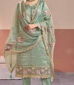 Sea green gold silk semi stitched suit with embroidery & zari work