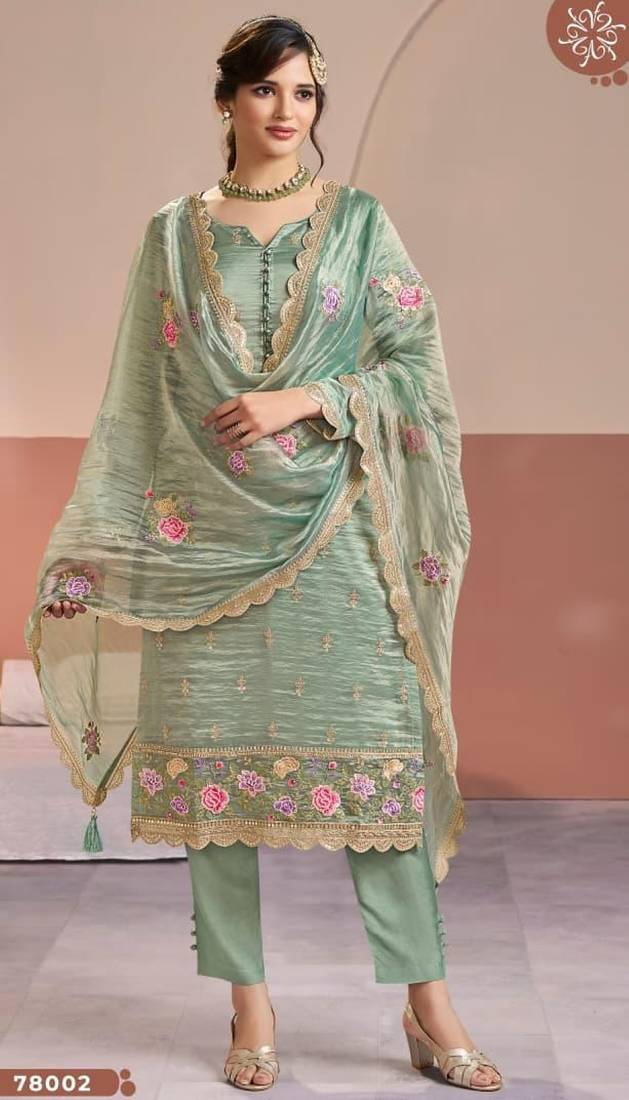 Sea green gold silk semi stitched suit with embroidery & zari work