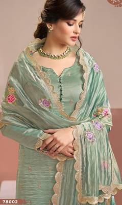 Sea green gold silk suit with embroidered zari  2