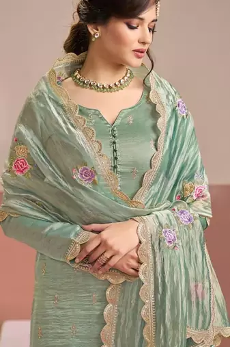 Sea green gold silk suit with embroidered zari 