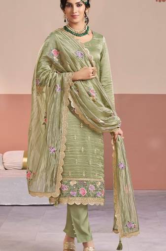 Olive gold silk semi stitched suit with embroidery & zari work