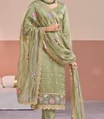 Olive gold silk semi stitched suit with embroidery & zari work