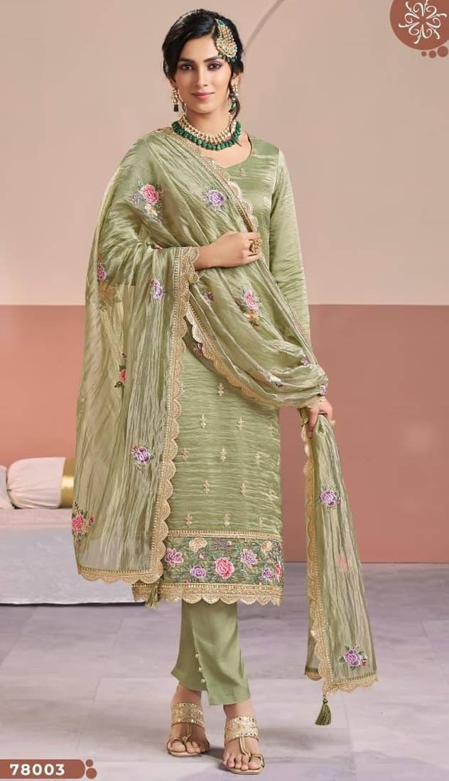 Olive gold silk semi stitched suit with embroidery & zari work
