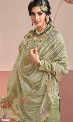 Olive gold silk suit with embroidered zari  2