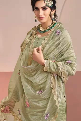 Olive gold silk suit with embroidered zari 