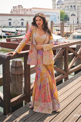 Peach chinon silk free size stitched 3 piece set with embroiderd work