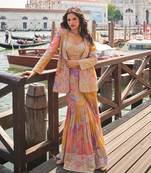 Peach chinon silk free size stitched 3 piece set with embroiderd work