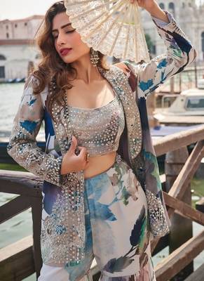 Navy chinon silk free size 3 piece set with embroiderd  2
