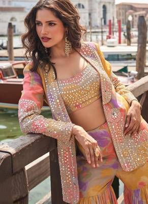 Peach chinon silk free size 3 piece set with embroiderd work 2