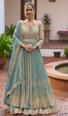 Blue chinon silk free size anarkali suit with embroiderd & sequin work 1
