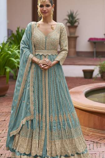 Blue chinon silk free size stitched anarkali suit with embroiderd & sequence work