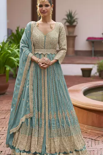 Blue chinon silk free size stitched anarkali suit with embroiderd & sequence work