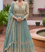 Blue chinon silk free size stitched anarkali suit with embroiderd & sequence work
