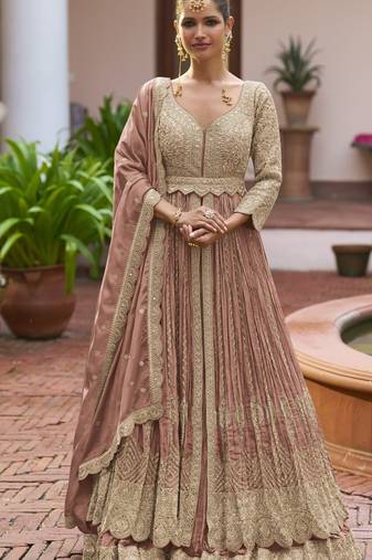 Olive chinon silk free size stitched anarkali suit with embroiderd & sequence work