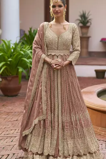 Olive chinon silk free size stitched anarkali suit with embroiderd & sequence work