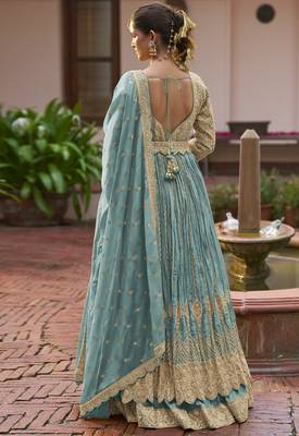 Blue chinon silk free size anarkali suit with embroiderd & sequin work 2