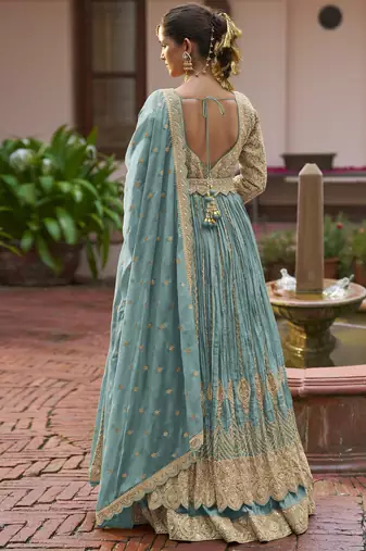 Blue chinon silk free size anarkali suit with embroiderd & sequin work